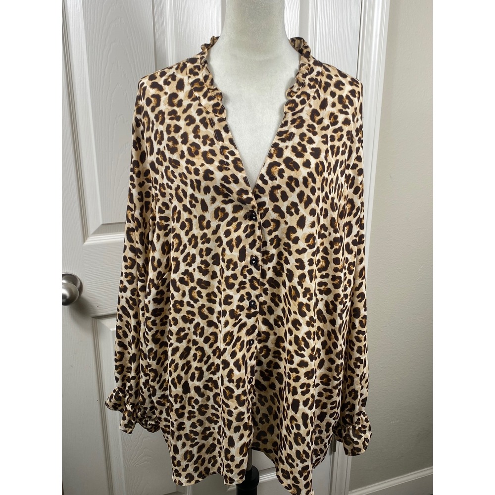 Torrid Women's Sz 4X Leopard Print Button Down Ruffle Neck Long Sleeve Mob Wife